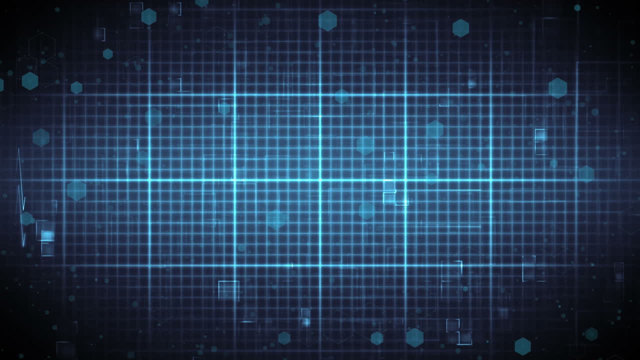 Animation of grid with heartbeat and data processing on black background