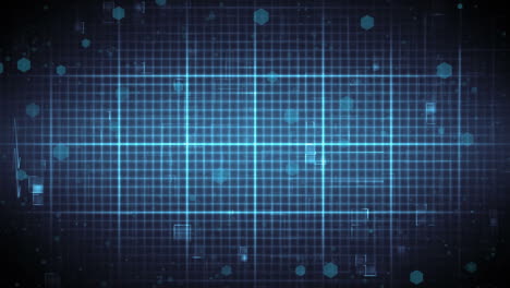 animation of grid with heartbeat and data processing on black background