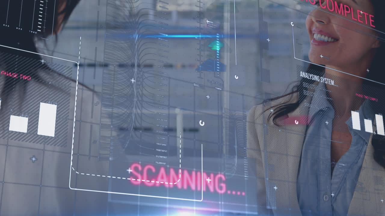 Animation of financial data processing over diverse business people shaking hands
