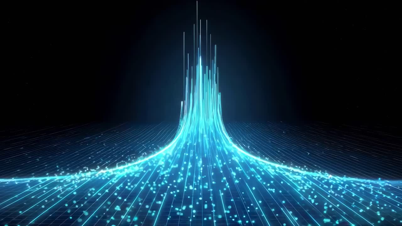 Futuristic video concept with a low-angle view of glowing blue data streams rising against a dark