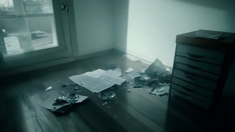 broken documents and glass on the floor