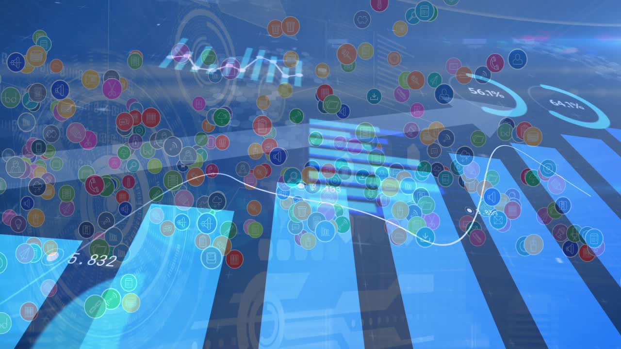 青い背景にアイコン付きのコネクションネットワークが広がり、その上でデータ処理のアニメーションが展開される