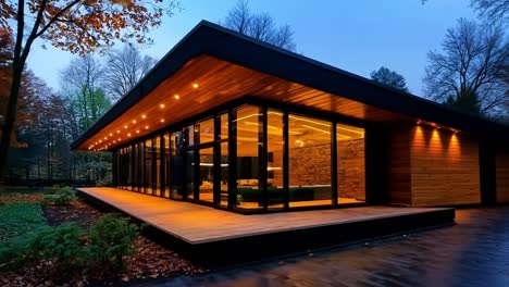 a modern house with a wooden deck in the middle of a wooded area