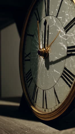 close-up of a vintage clock with a cracked face