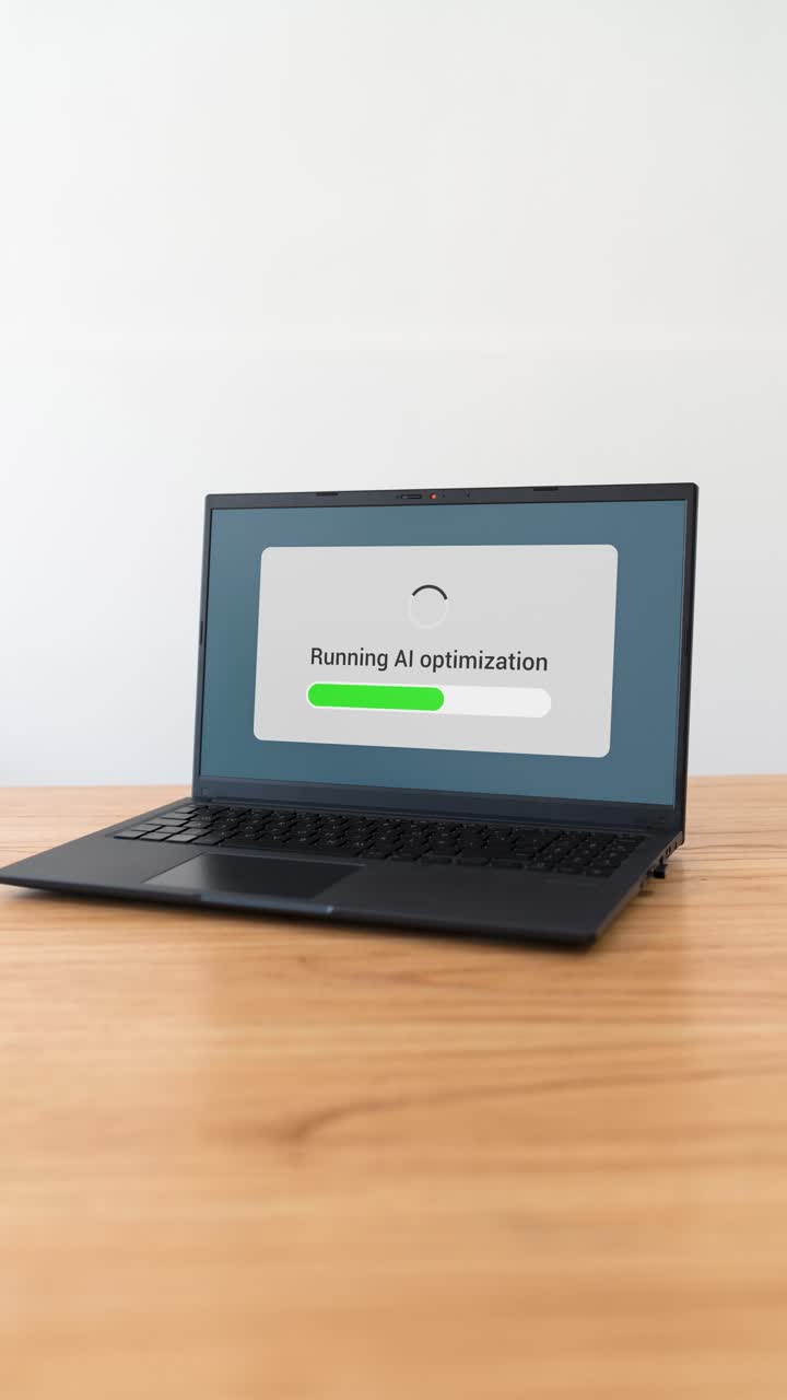 Laptop running AI optimization on screen with green progress bar. Vertical shot.