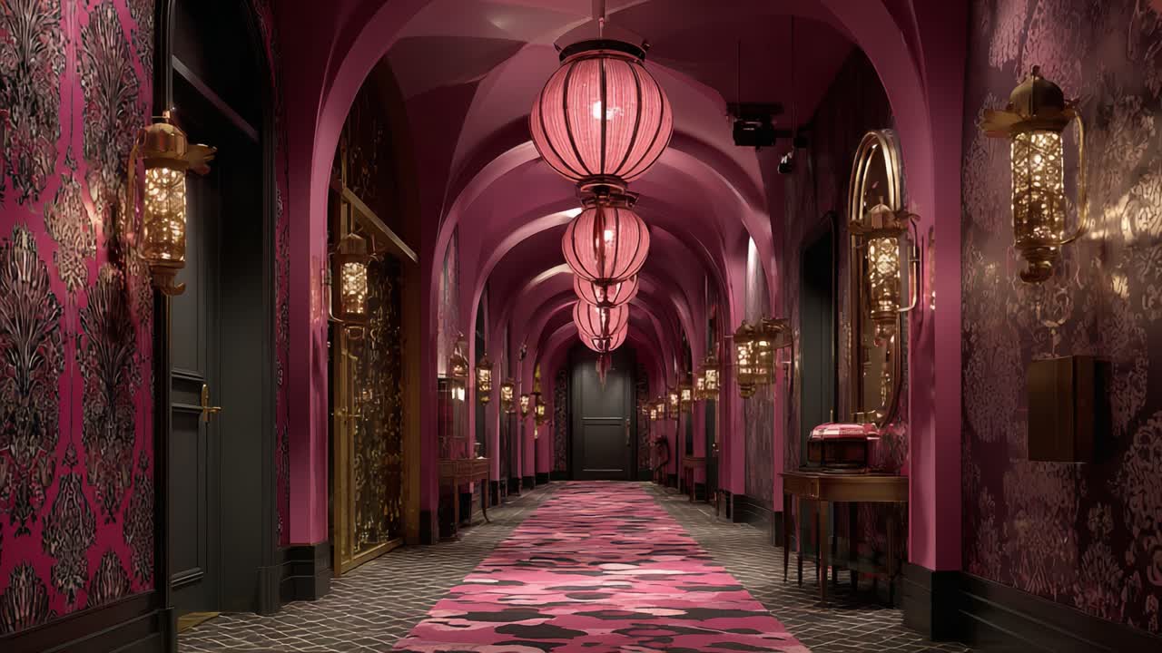 A Captivating Ambience: Enchanting Hallway Adorned with Elegant Pink Lanterns and Intricate Decorative Patterns Creating a Warm, Inviting Atmosphere