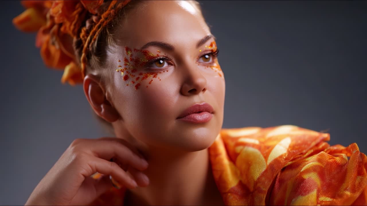 Espressione accattivante di grazia ed eleganza in un vivace costume arancione con un'arte che cattura l'attenzione e che esalta le caratteristiche in una fotografia con illuminazione soffusa