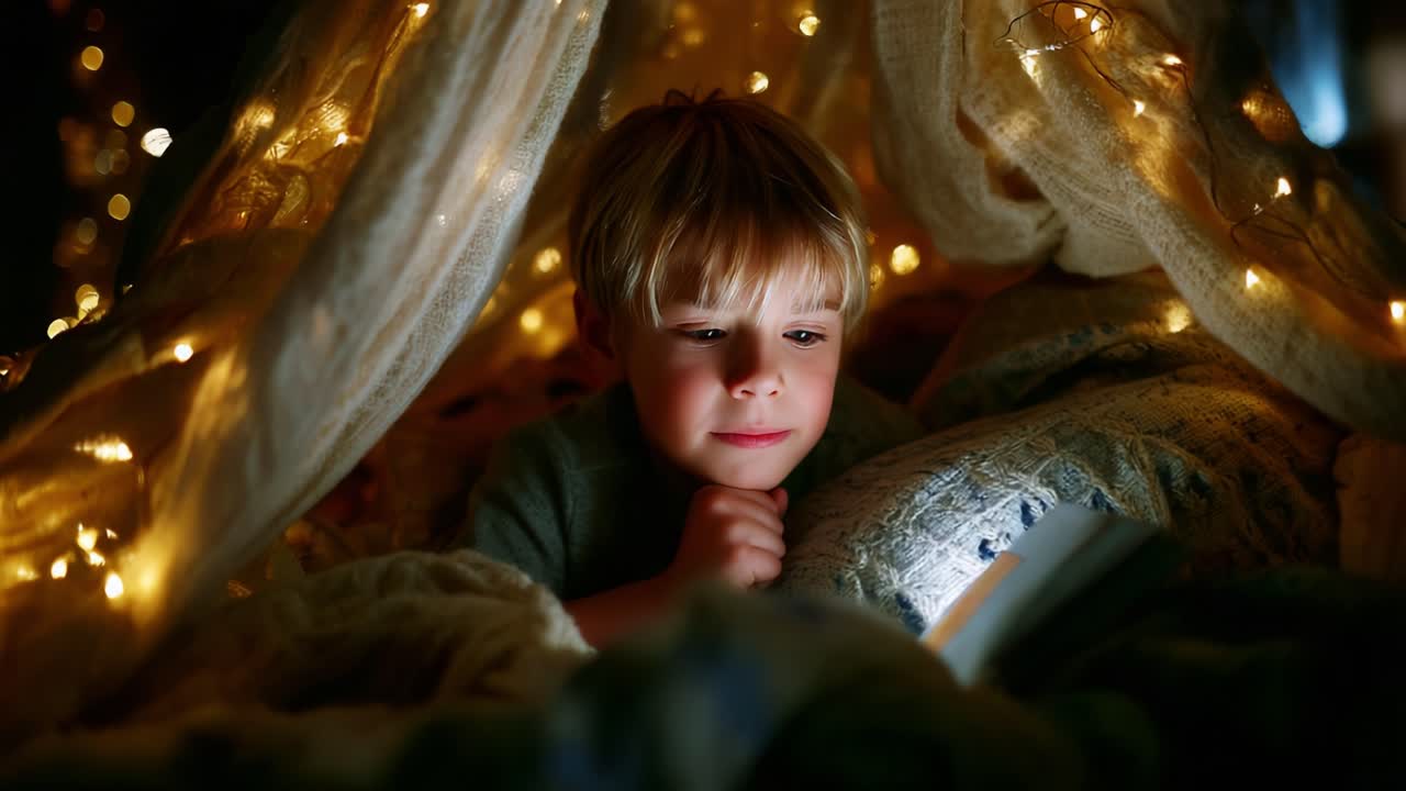 A Warm and Cozy Reading Nook: A Child Immersed in a Book Under Twinkling Fairy Lights Encased in a Blanket Fort, Embracing Imagination and Comfort at Home