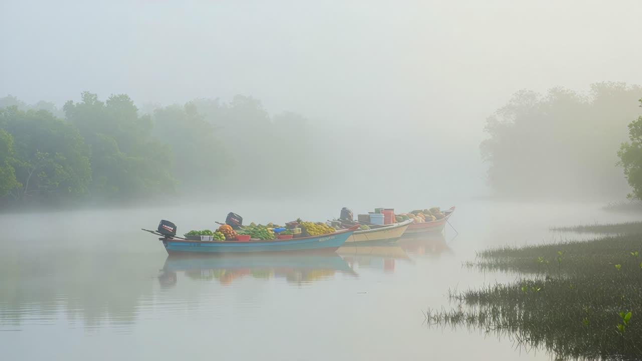 A Serene Morning on the Misty River: Colorful Fishing Boats Laden with Fresh Produce Glide Through the Foggy Waters Surrounded by Lush Greenery