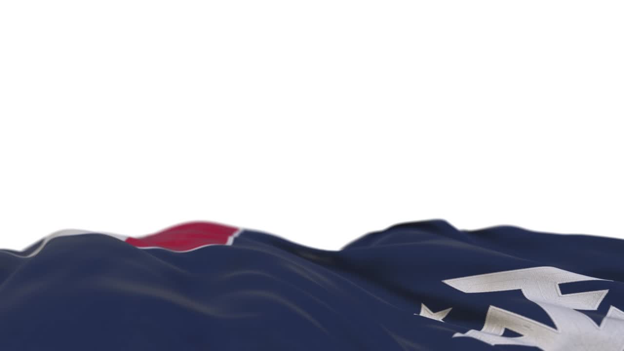 French Sourthern and Atlantic Lands fabric flag waving on the wind loop. French Sourthern and Atlantic Lands embroidery stitched cloth banner swaying on the breeze. Half-filled white background. Place for text. 20 seconds loop.