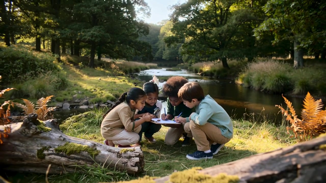 Field trip starting, kids crouching on mossy riverbank, trading magnifier and noting on clipboard