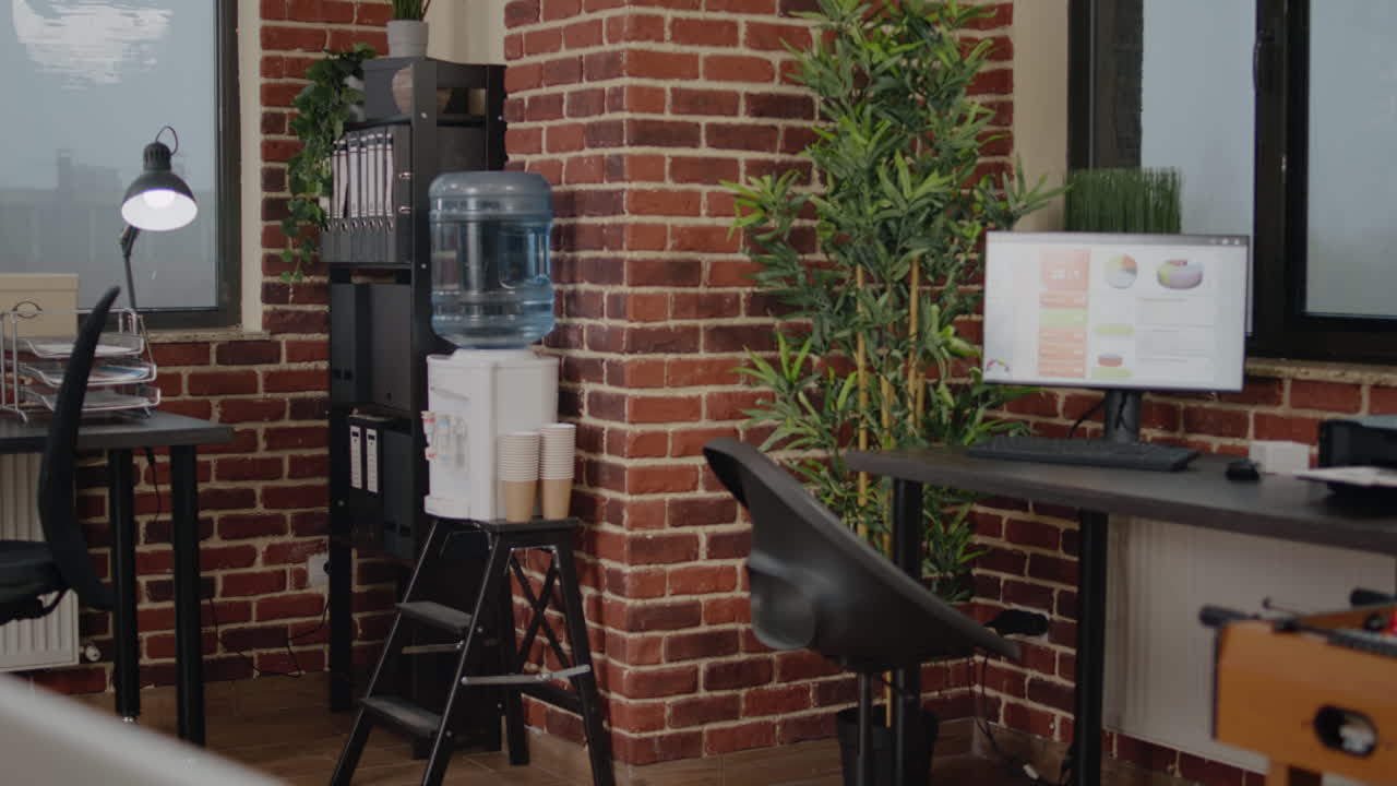 Nobody in startup space with office decorations and technology