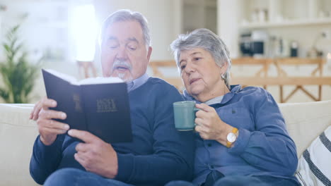 home, relax and senior couple with bible