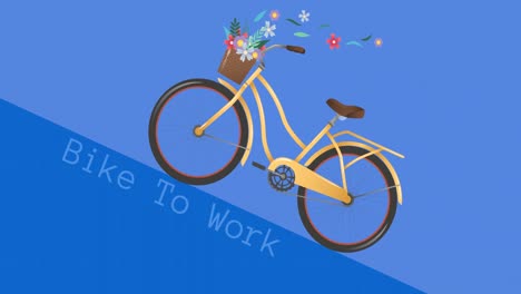 animación del texto de la bicicleta al trabajo con el icono de la bicicleta sobre fondo azul