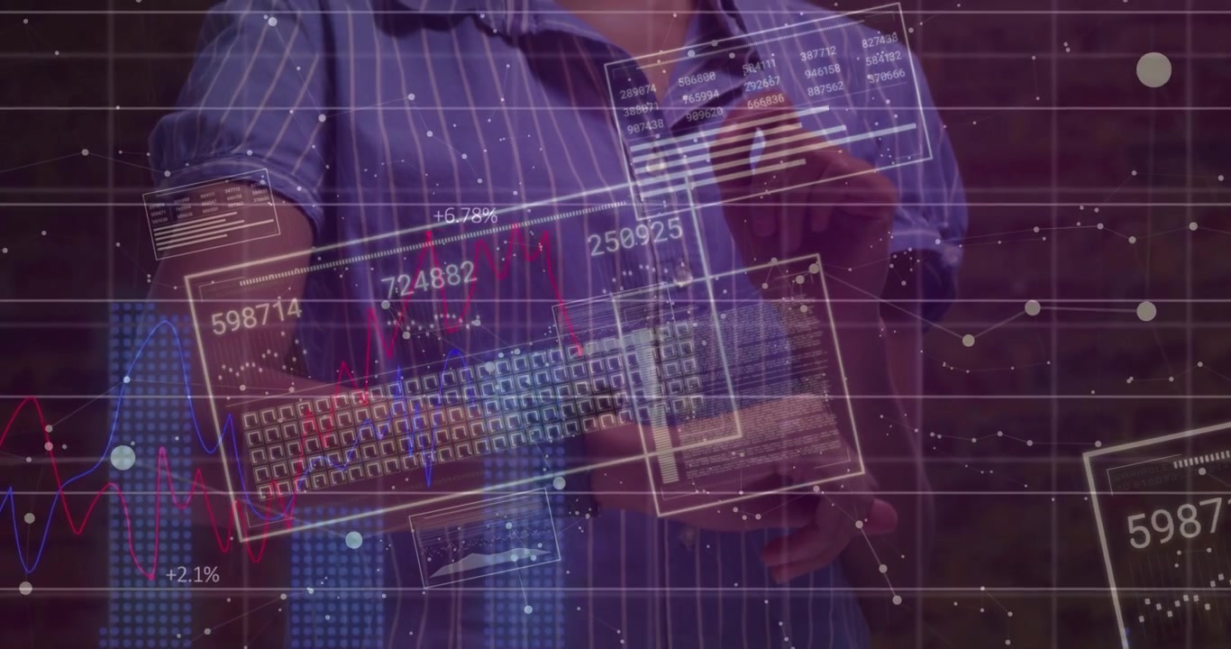 Usuário levantando as mãos ativando painéis de holograma atualizando dados, puxando o HUD que inclina e atualiza valores