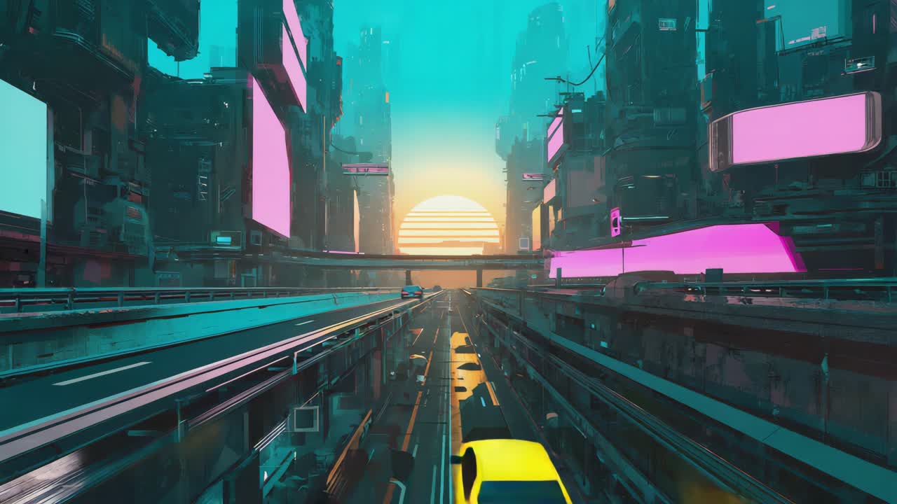 Cyberpunk Cityscape with Neon Highways at Sunset