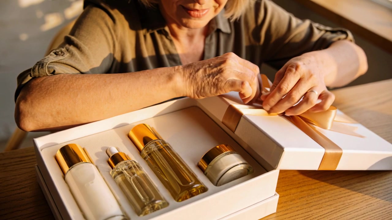 Smiling senior woman in khaki shirt untying gold ribbon on gift box at home, inspecting skincare