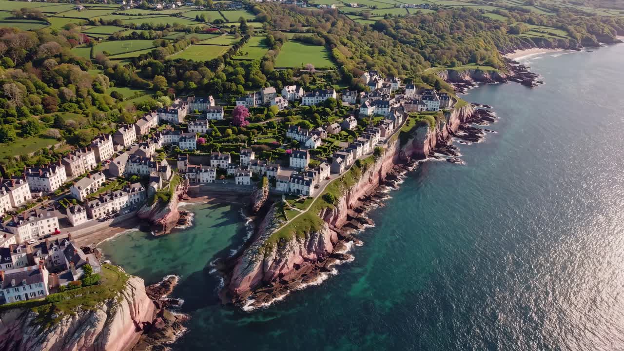 Vila costeira com falésias e vista para o oceano