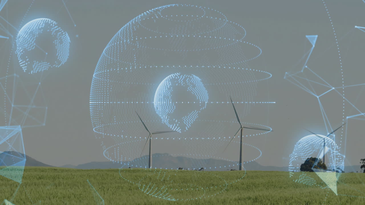 Renewable energy showing holographic globe floating over grassy plain featuring wind turbines
