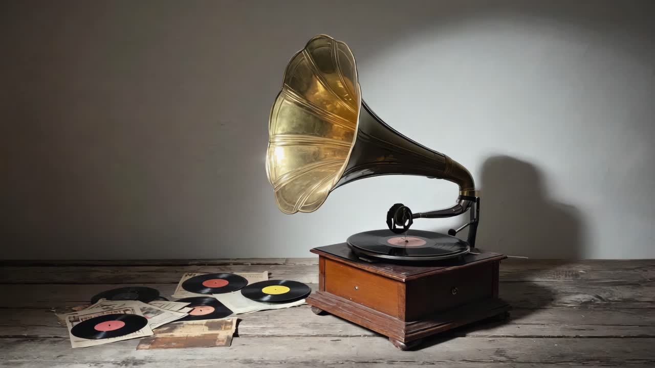 Vintage Gramophone with Vinyl Records