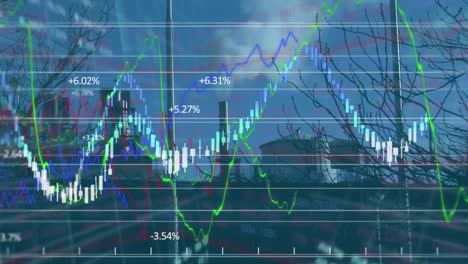 Animación-De-La-Visualización-Del-Mercado-De-Valores-Sobre-El-Paisaje-Urbano-En-El-Fondo