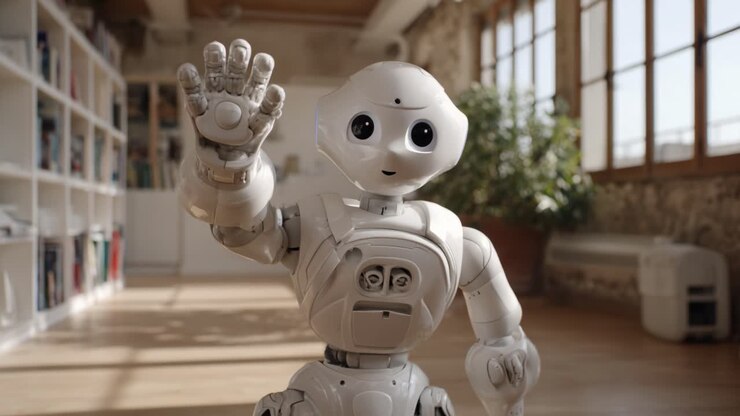 Robot amichevole, coinvolgente e accogliente in un luminoso spazio interno, che mostra capacità avanzate di comunicazione e interazione.