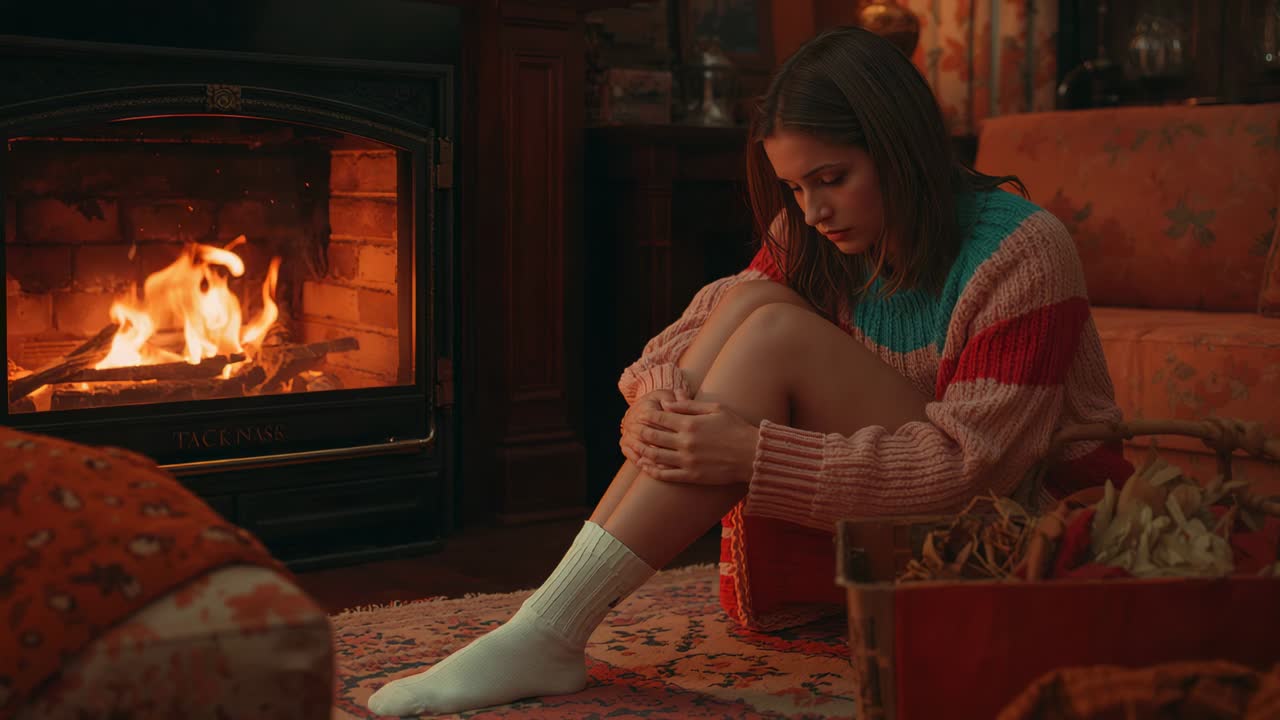 Flickering wood stove drawing teen girl lifting gaze toward flames at home, wearing knit sweater