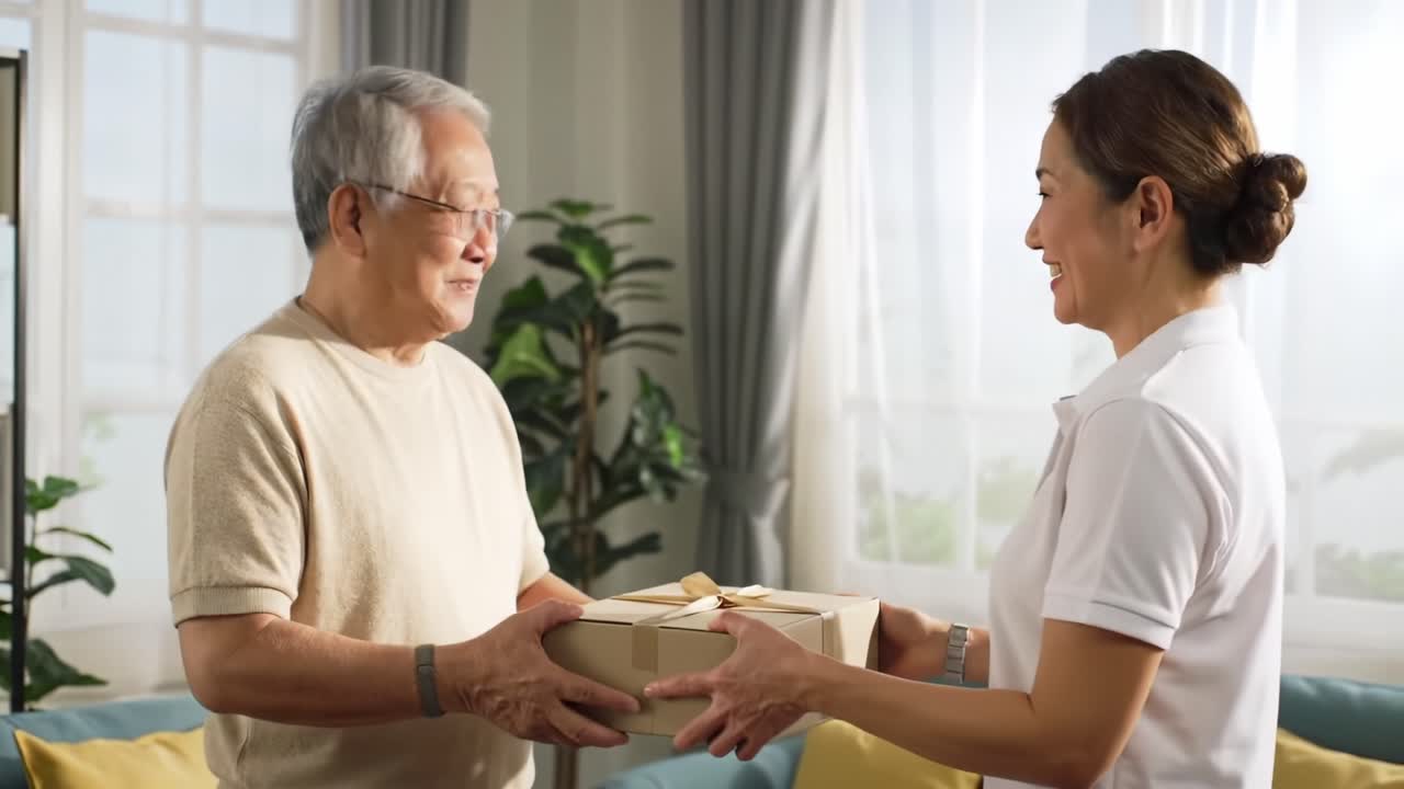 A Heartwarming Moment of Generosity: A Smiling Senior Citizen Receives a Thoughtfully Wrapped Package from a Cheerful Delivery Person in Bright, Sunlit Room