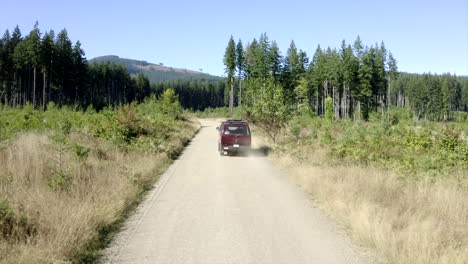 vw van vintage van conduciendo a través del bosque vista aérea 4k drone