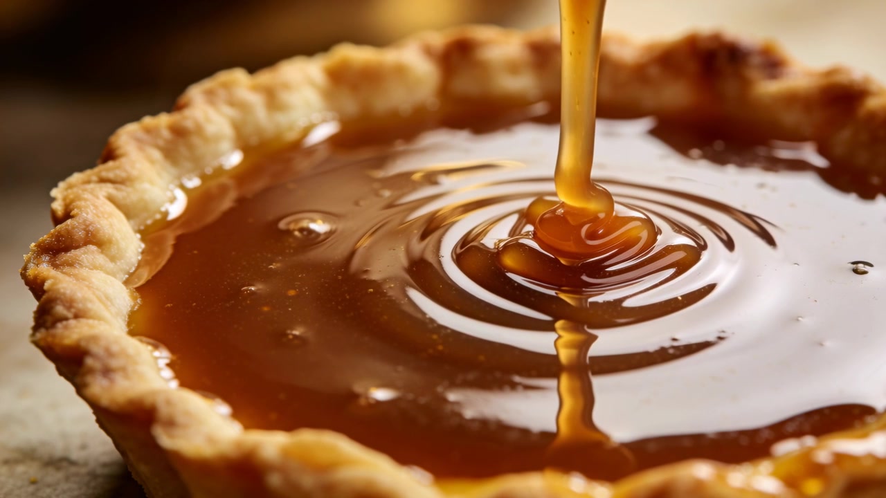 Flusso di caramello versato che forma increspature in un guscio di crostata scanalato su un piano di lavoro, per finire il dessert.