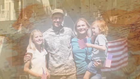 animation of happy caucasian family with american flags over map