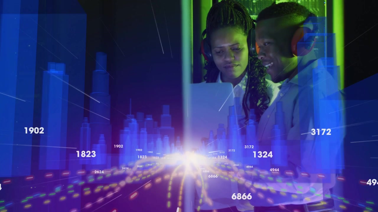 Woman tapping tablet, activating augmented data field while two colleagues analyzing live metrics