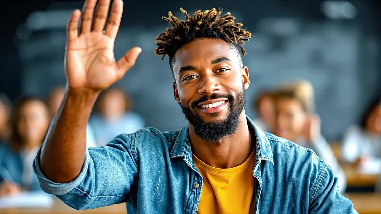 A man with dreadlocks waving to the camera in a classroom