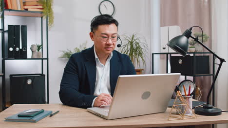 businessman freelance worker call center support service operator helpline having talk with client