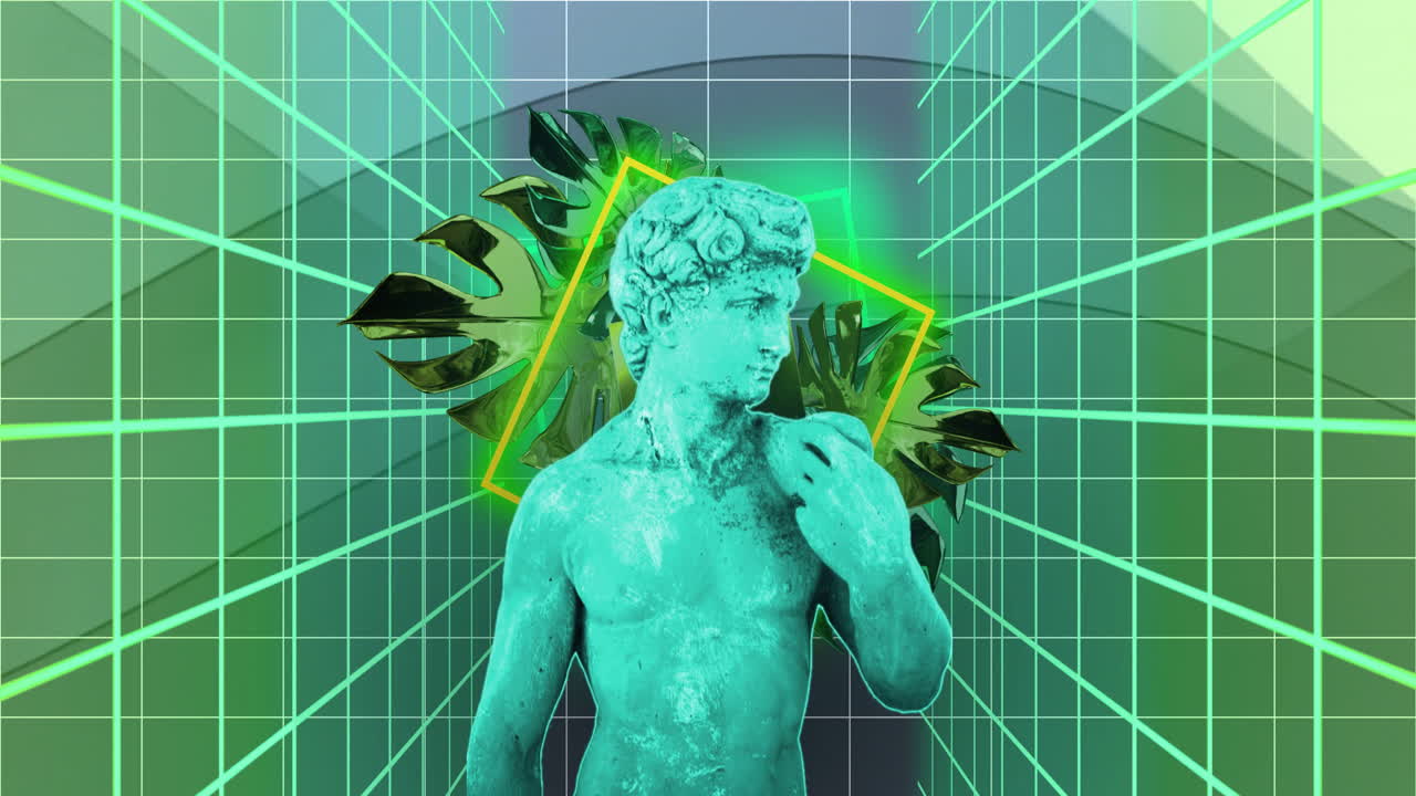 Green statue with grid lines and geometric shapes, futuristic animation background