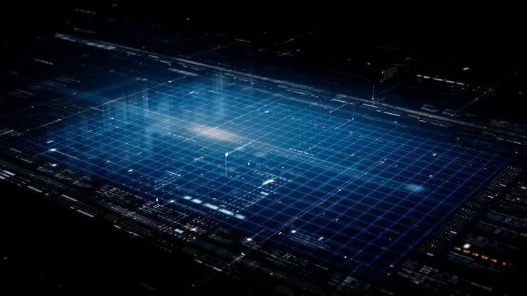 Matrice di dati astratta futuristica sfocata in scorrimento, meta, metaverso, visualizzazione di telemetria e numeri criptati con simulazione di particelle in un ambiente cyberspazio per sfondo HUD.