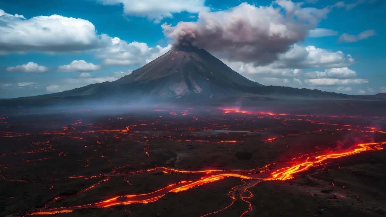 erupción volcánica con flujo de lava