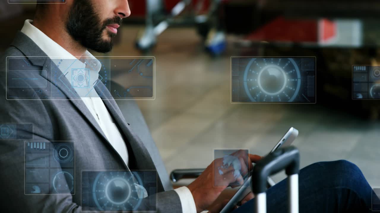 Traveler tapping tablet in airport, causing holo UI panels floating, clustering, updating itinerary