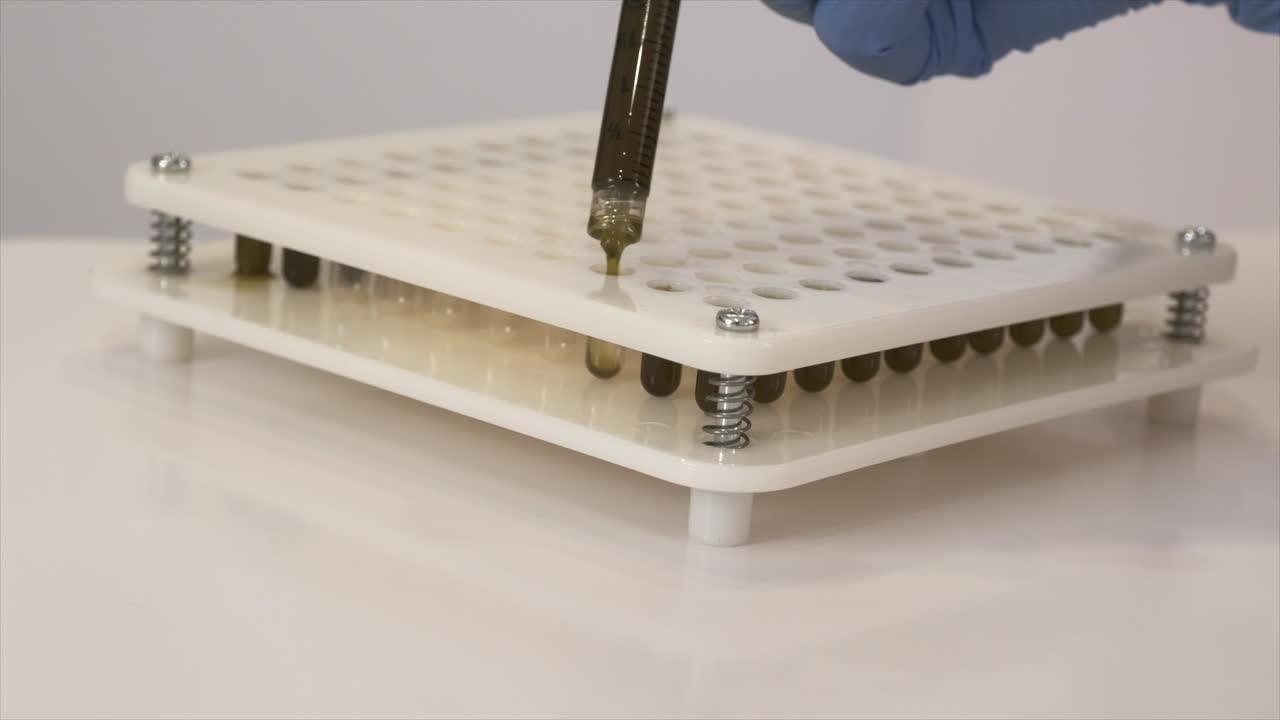 cerrar la máquina de cápsulas con mano enguantada llenando cápsulas con aceite