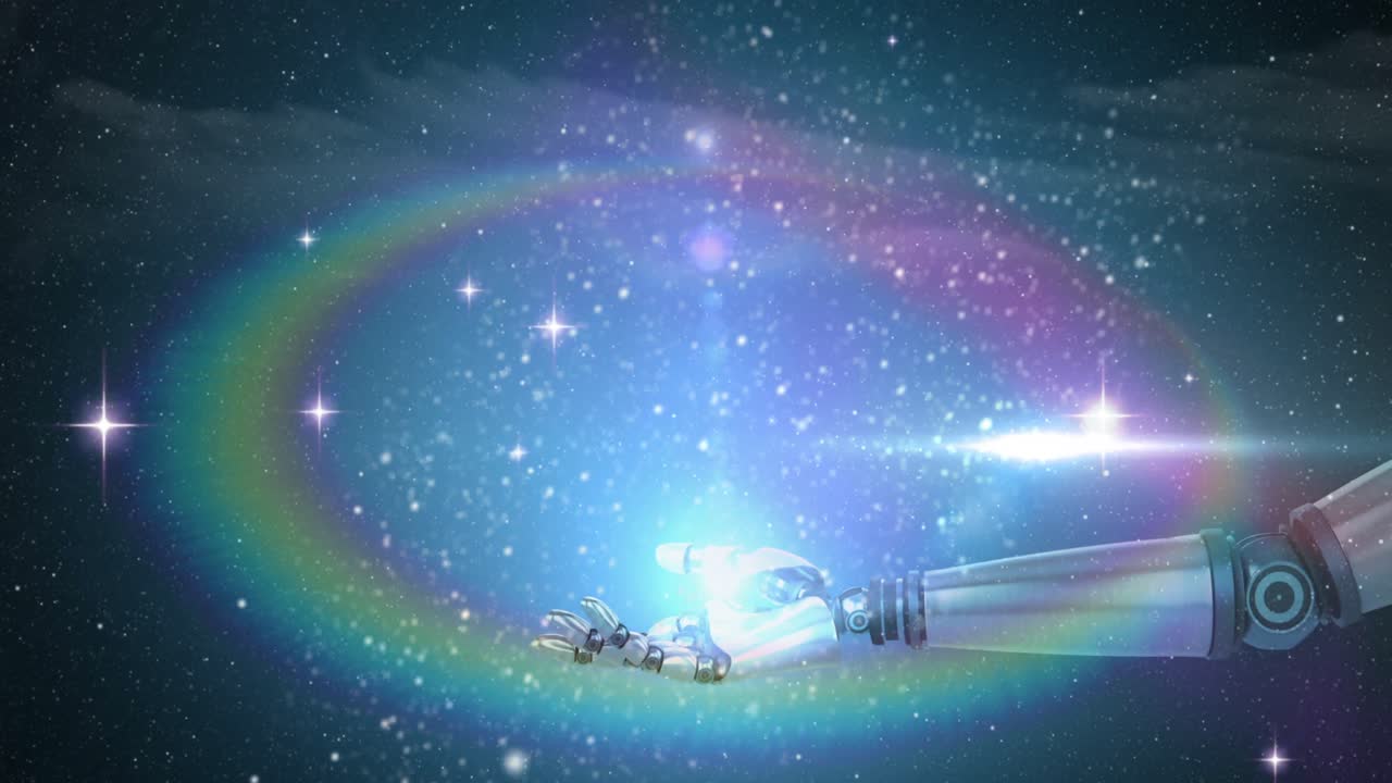 Animation of glowing light with stars over robot's arm