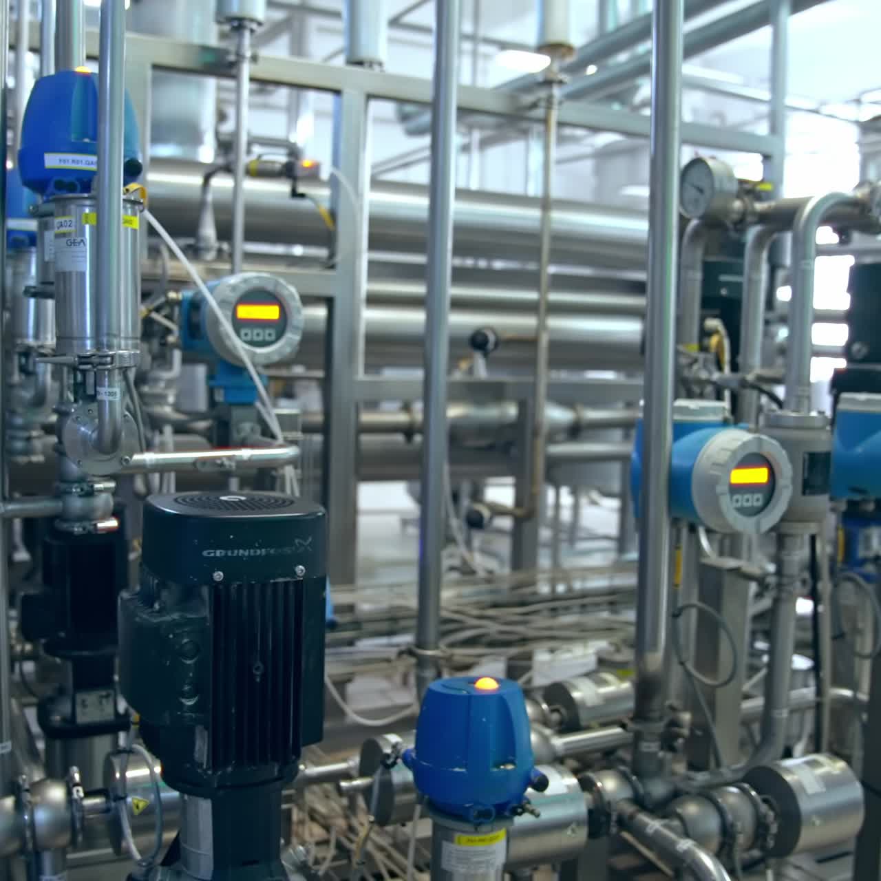 Tubazioni e serbatoi con apparecchi e dispositivi regolati. Complicato apparato automatico per la produzione di prodotti lattiero-caseari. Primo piano con allontanamento graduale.