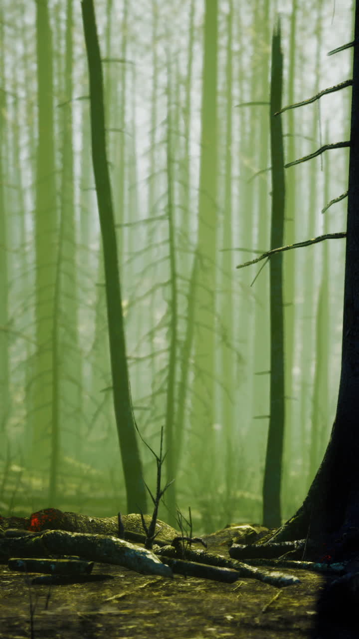 Foresta con alberi ad alto fusto in una luce verde e nebbiosa nelle prime ore del mattino