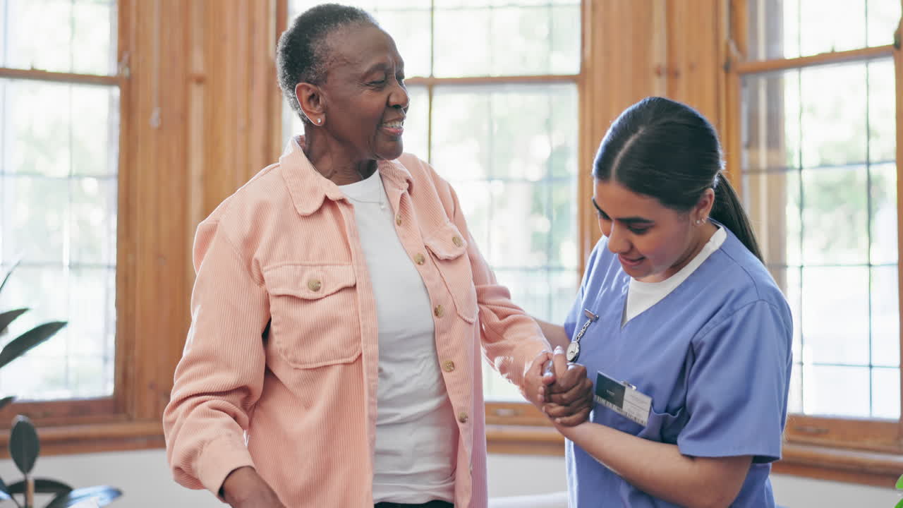 Senior woman, nurse and help in retirement