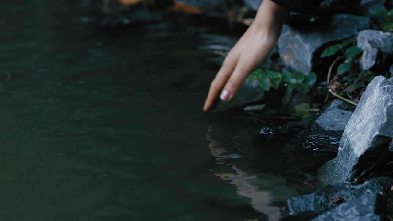 가까운 여자 손 물을  ⁇ 아 자연에서 신선한 하천을 만지는 것을 즐기고 있습니다.