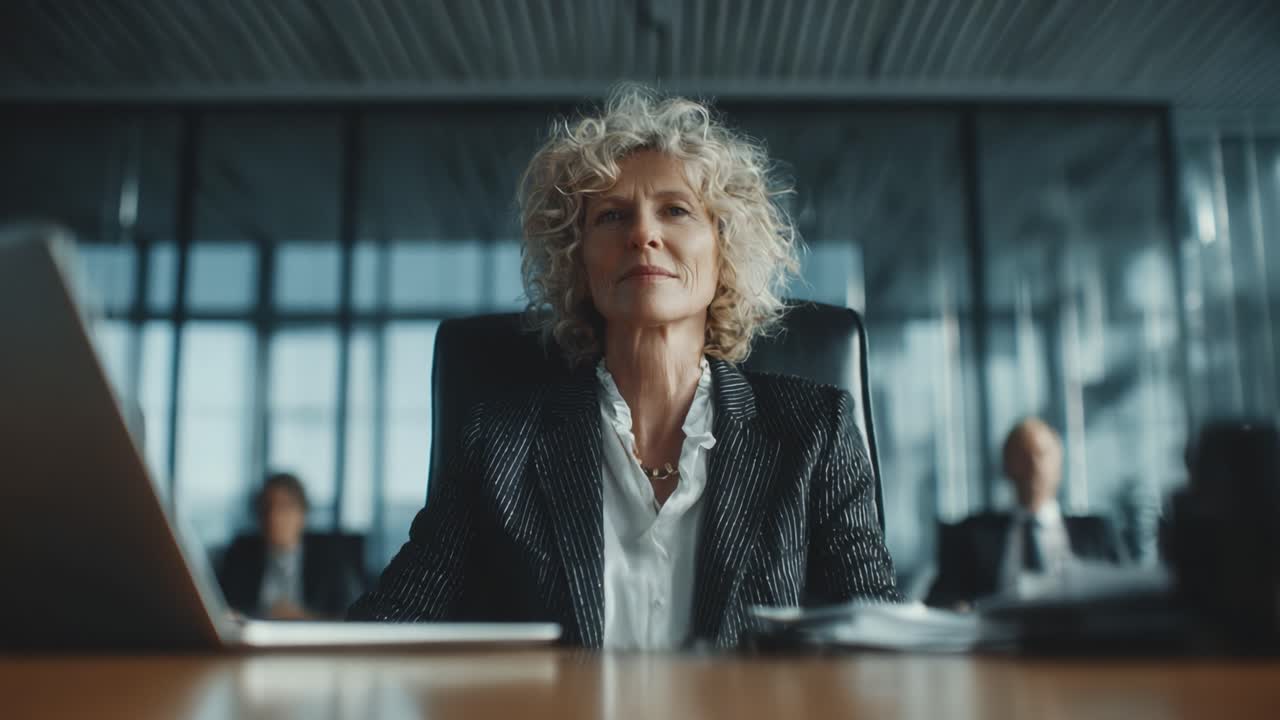 Confident Businesswoman Leading a Meeting in a Modern Office Environment, Exuding Authority and Professionalism While Engaging with Her Team Members