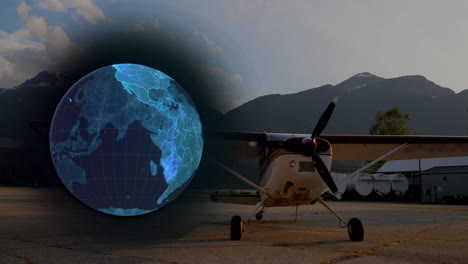 animation of blue globe and upward arrows over small plane waiting at airport