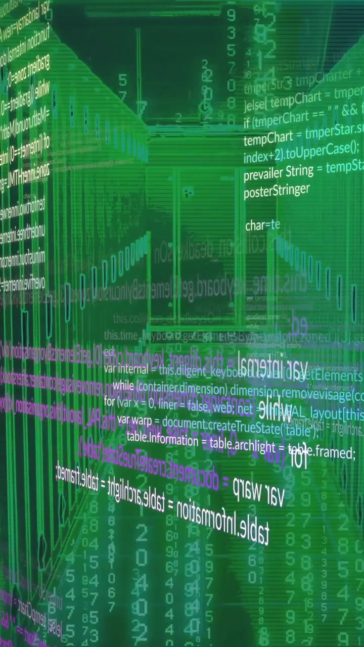 Animation of digital code and data streams flowing in green virtual environment