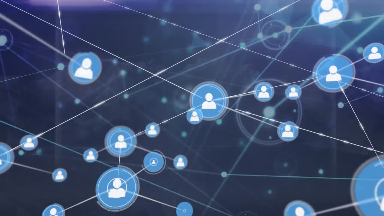Animation of network of profile icons against light trails on blue background