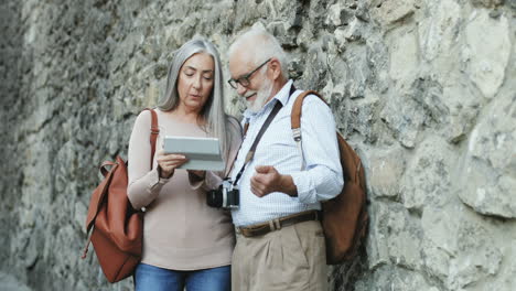 Portrait-Shot-Of-Senior-Couple-Standing-Against-An-Antique-Wall-And-Laughing