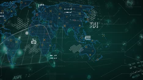 animación de estructuras moleculares contra el procesamiento de datos sobre el mapa del mundo en fondo negro.